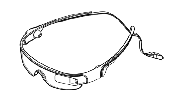 Patent zobrazujúci okuliare s postrannými tlačidlami a kamerou na prednej strane. 