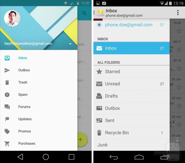 Android L vs. KitKat - natívna aplikácia Email