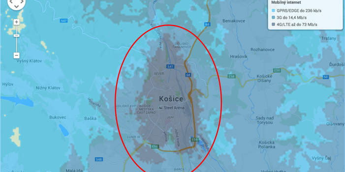 Mapa pokrytia 4G sieťou od O2 v Košiciach. 