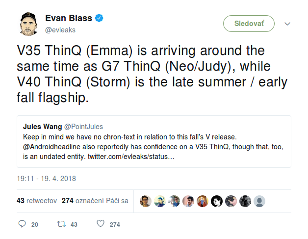 Tweet Evana Blassa ohľadom nových LG ThinQ