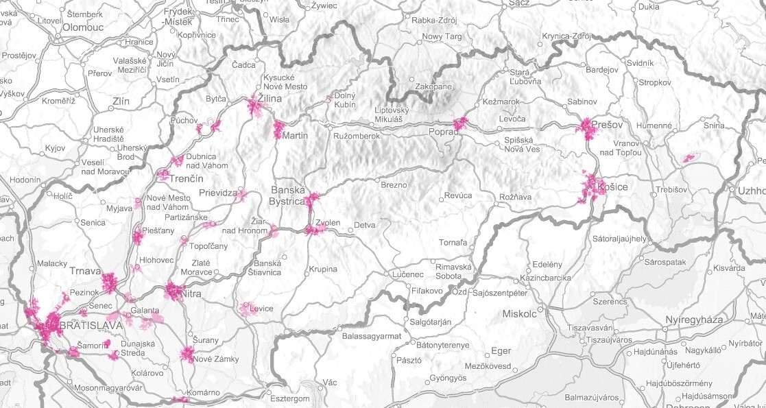 Mapa pokrytia sieťou LTE Advanced od Telekomu.