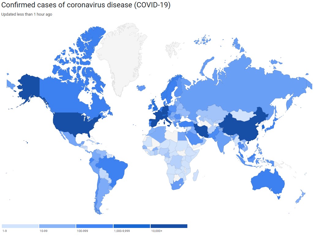 Modrá mapa koronavírusu. od Google.