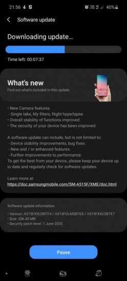 Zoznam zmien v aktualizácii pre Samsung Galaxy A51.