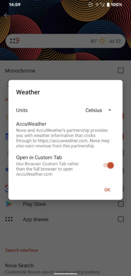 Nova Launcher 7 ikona počasia na paneli vyhľadávania