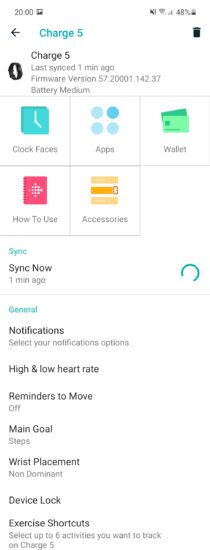 Aplikácia Fitbit nastavenia náramku Charge 5