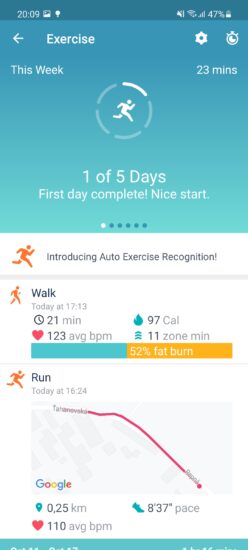 Aplikácia Fitbit prehľad cvičení