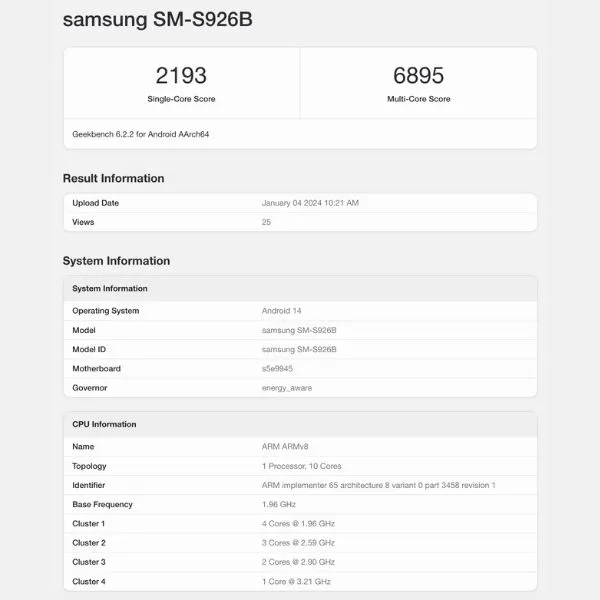 Samsung Galaxy S24 Exynos 2400 Geekbench 6