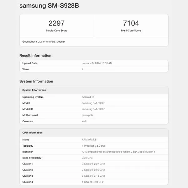 Samsung Galaxy S24 Qualcomm Snapdragon 8 Gen 3 Geekbench 6